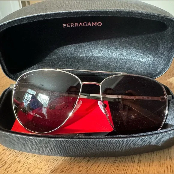 Salvatore Ferragamo NIB Silver Aviator Sunglasses with Brown 